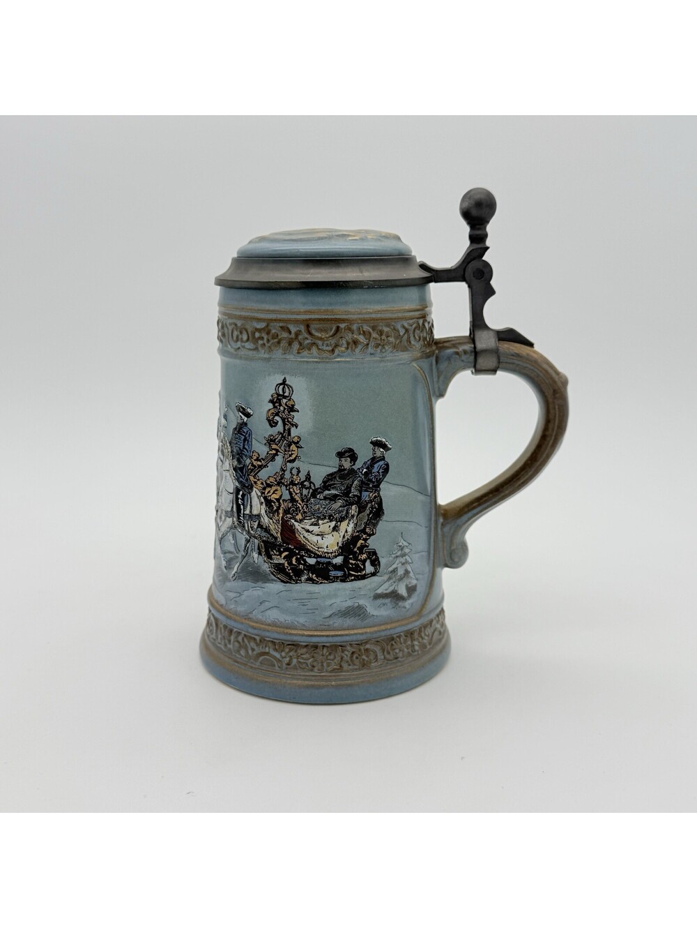 Vintage GERZ King Ludwig II Sleigh Blue Beer Stein 94% Pewter Lid West Germany